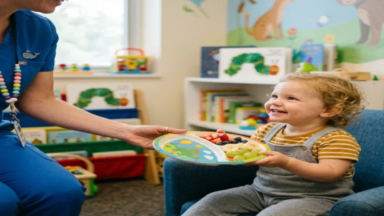 Pediatr dávající barevný talířek s čerstvým ovocem malému batoleti v prosvětlené ordinaci.