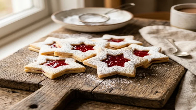 Nejlepší křehké linecké bez lepku: Tradiční recept a tipy 2 Křehké bezlepkové linecké cukroví s jasně červenou marmeládou sypané cukrem na prkénku.