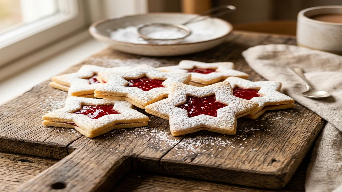 Nejlepší křehké linecké bez lepku: Tradiční recept a tipy 1 Křehké bezlepkové linecké cukroví s jasně červenou marmeládou sypané cukrem na prkénku.