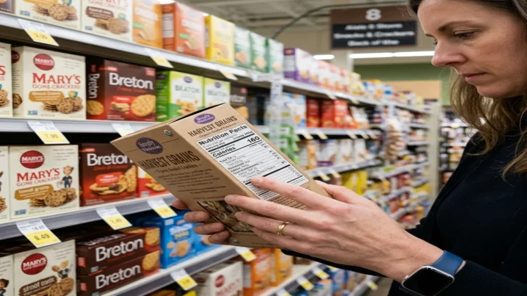 Přecitlivělost na lepek: Moderní poznatky a řešení 15 Žena kontrolující složení na obalu potraviny v supermarketu, detail na složení.