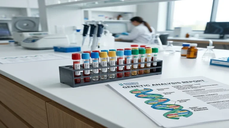 Genetika celiakie v roce 2026: Dědičnost a přesné testování 1 Zkumavky a papírová genetická zpráva s DNA grafem v moderní laboratoři.