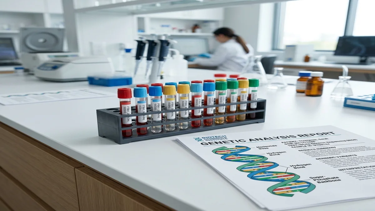 Zkumavky a papírová genetická zpráva s DNA grafem v moderní laboratoři.
