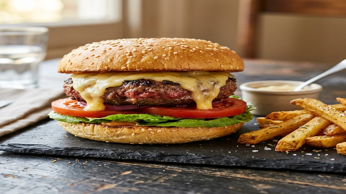 Mcdonald's bez lepku: Kompletní nabídka a ceny (2026) 1 Detailní záběr na šťavnatý bezlepkový hovězí burger s taveným sýrem a hranolky na tmavém stole.