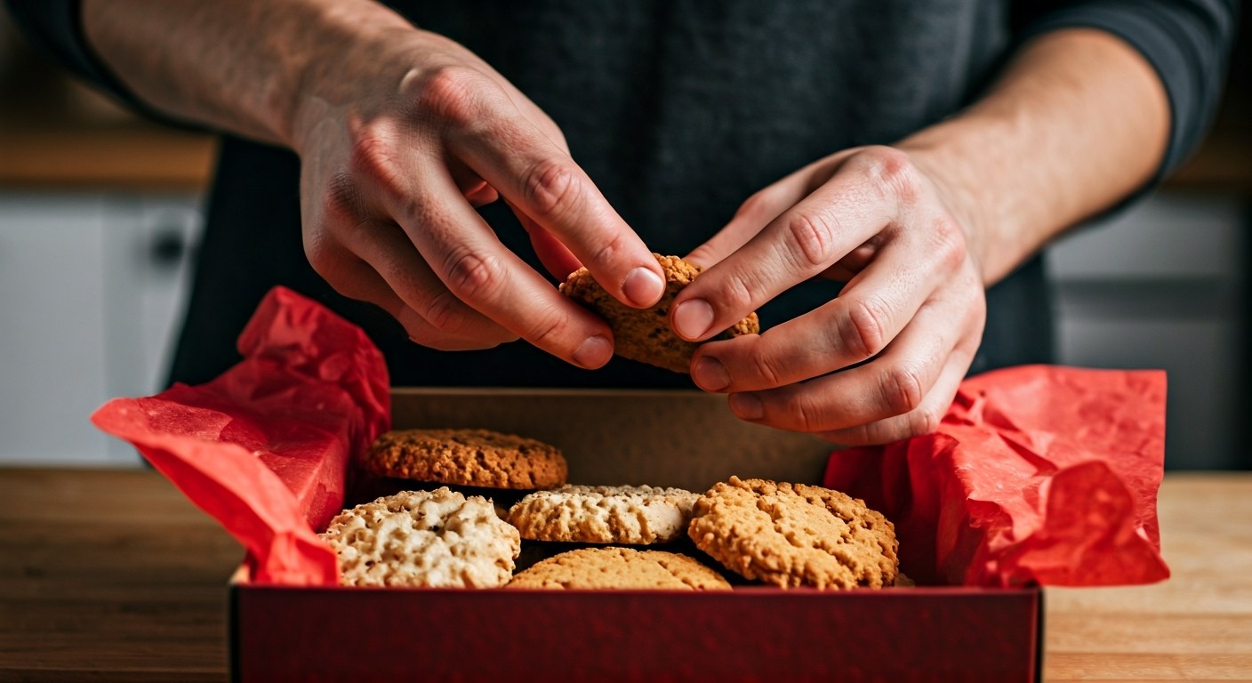 Ruce balí bezlepkové vánoční cukroví do dárkové krabice s papírem