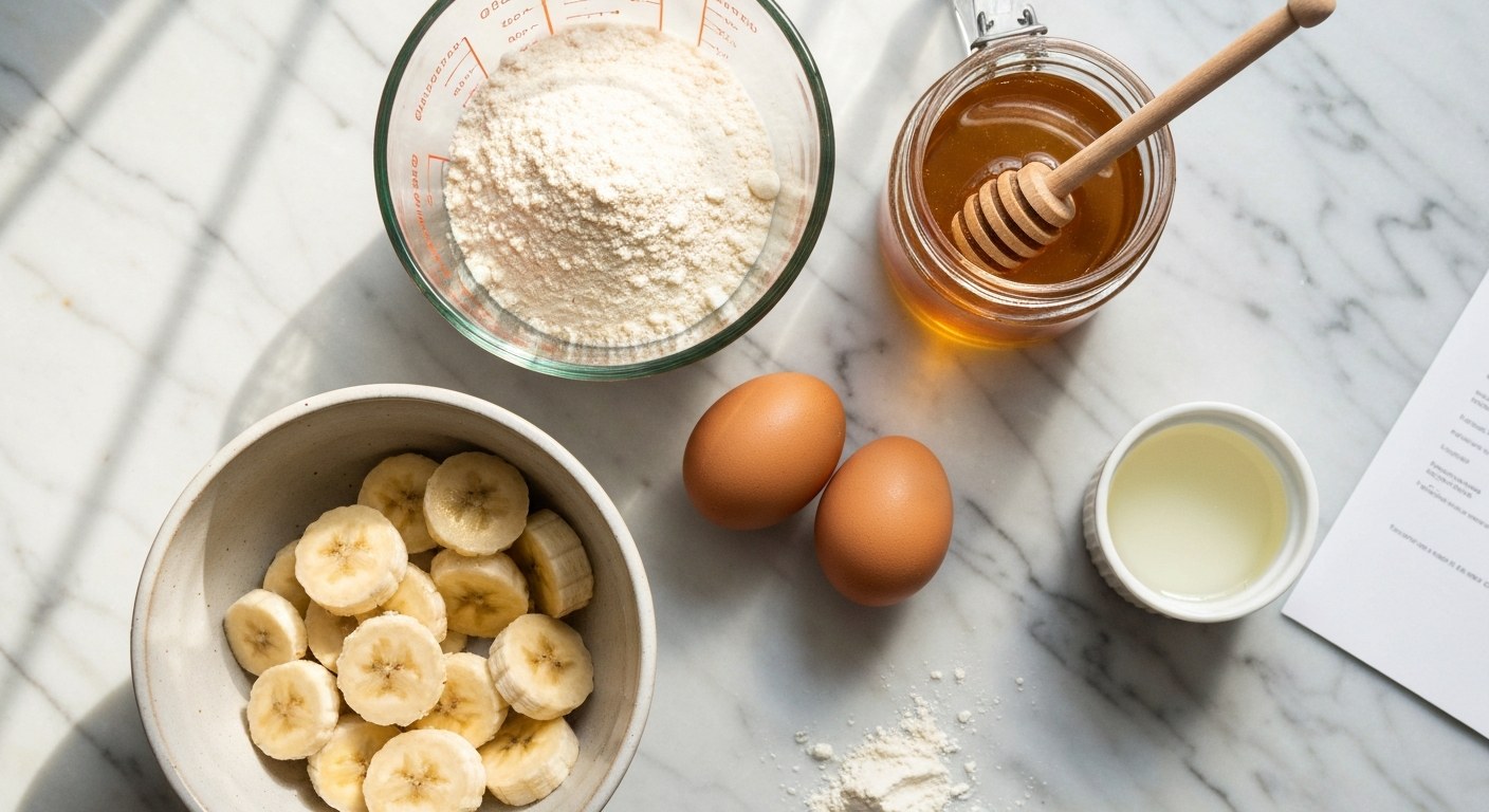 Ingredience na bezlepkové muffiny rozložené na mramorové lince