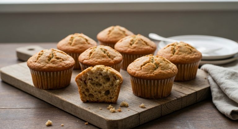 Šest zlatohnědých banánových muffinů na dřevěném prkénku, jeden rozkrojený
