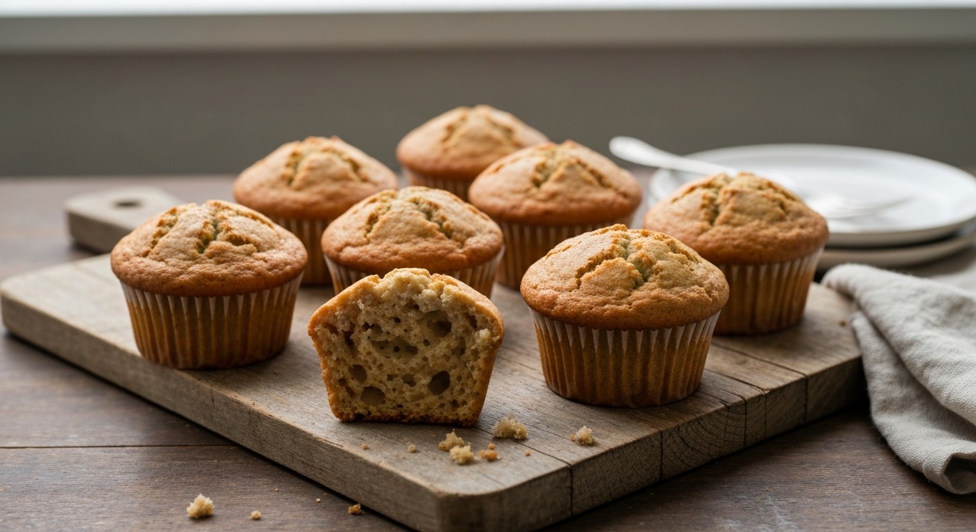 Šest zlatohnědých banánových muffinů na dřevěném prkénku, jeden rozkrojený