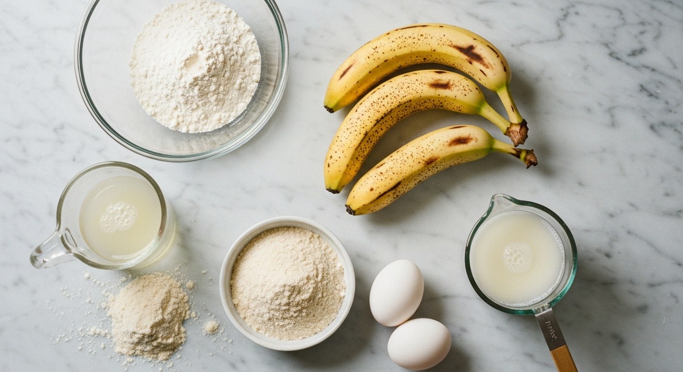 Suroviny na bezlepkové muffiny: banány, mouka, vejce a olej na mramorové desce