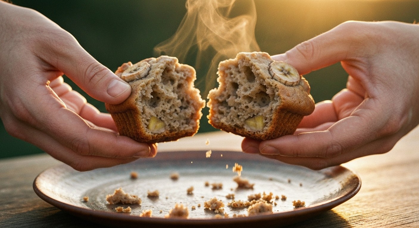 Detail rozkrojeného banánového muffinu s vláčnou strukturou