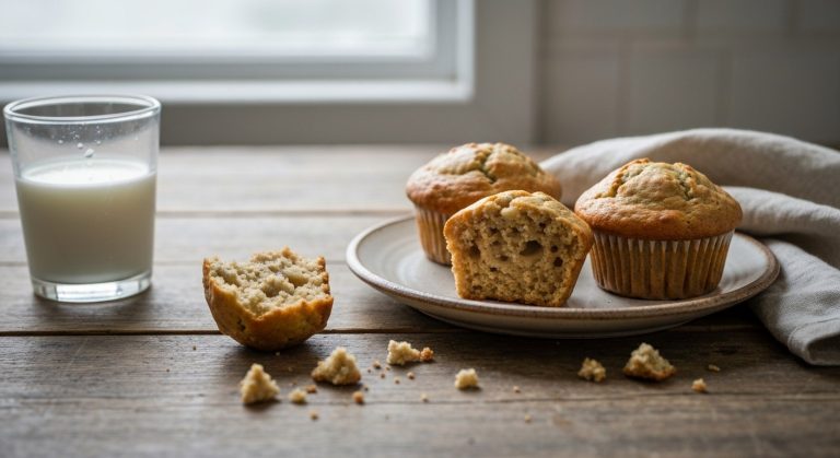 Tři zlatohnědé banánové muffiny na keramickém talíři s kousky na řezu