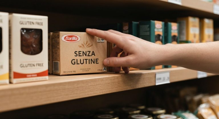 Ruka sahá po krabici bezlepkových lasagní Barilla v regálu Kauflandu