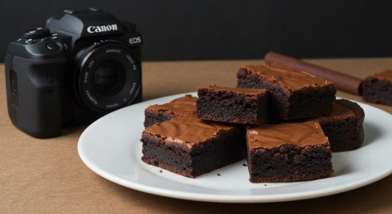 Čerstvě upečená bezlepková brownies nakrájená na čtverce na keramickém talíři s vláčnou čokoládovou texturou