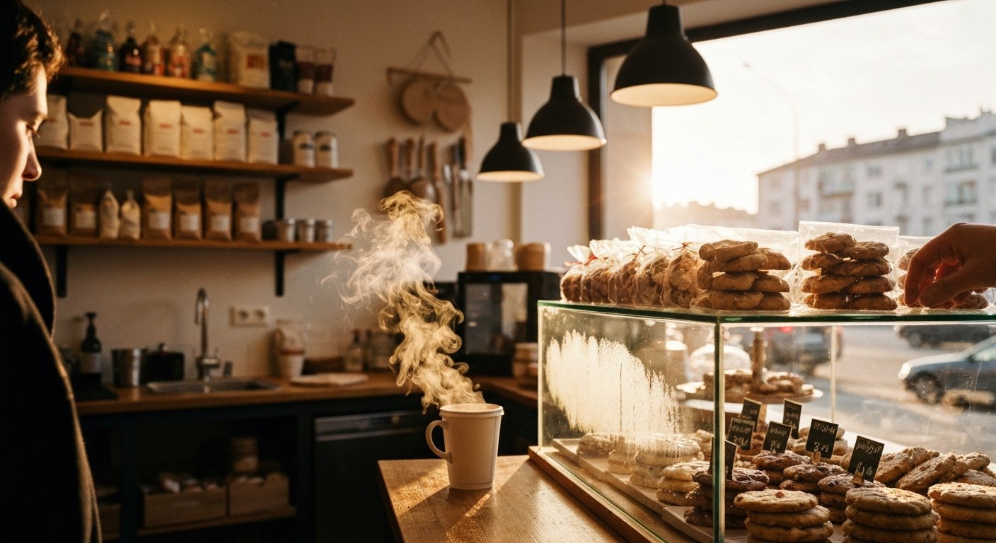 Výklad bezlepkové cukrárny v Brně s vánočním cukrovím a zákazníkem