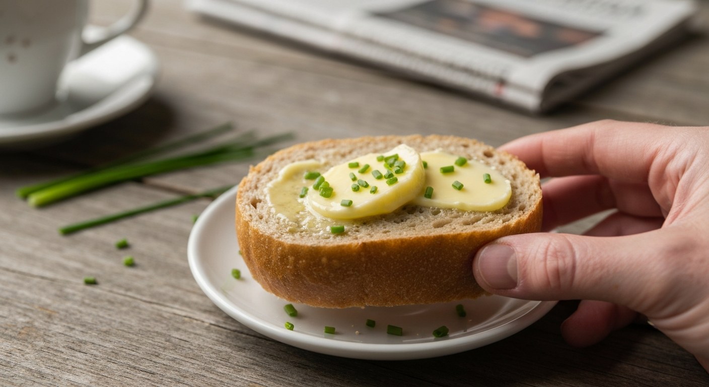 Rozkrojená bezlepková houska s máslem a pažitkou na bílém talíři