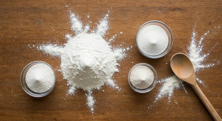 Bezlepková mouka a škroby ve skleněných miskách na dřevěném kuchyňském stole