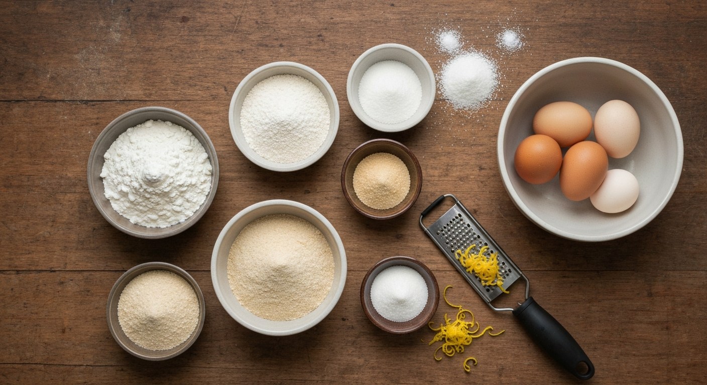 Mísy s bezlepkovou moukou, vejce a citronová kůra na dřevěné kuchyňské lince