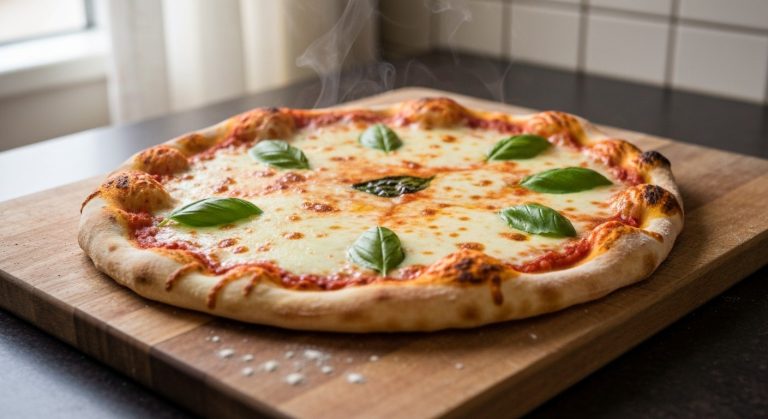 Čerstvě upečená bezlepková pizza s rozteklou mozzarellou, bazalkou a křupavou kůrkou na dřevěném prkénku