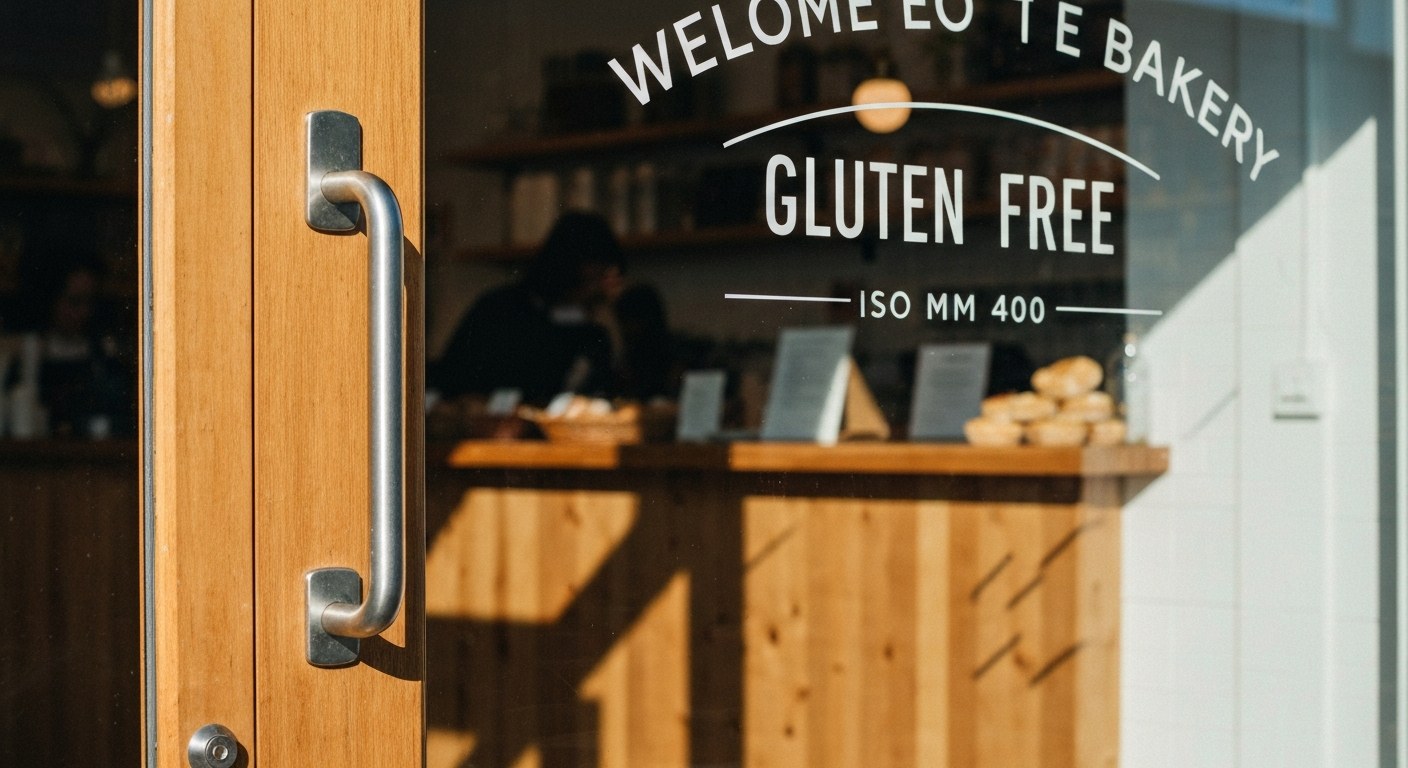 Výklad specializované bezlepkové prodejny s dřevěným pultem viditelným skrze skleněné dveře