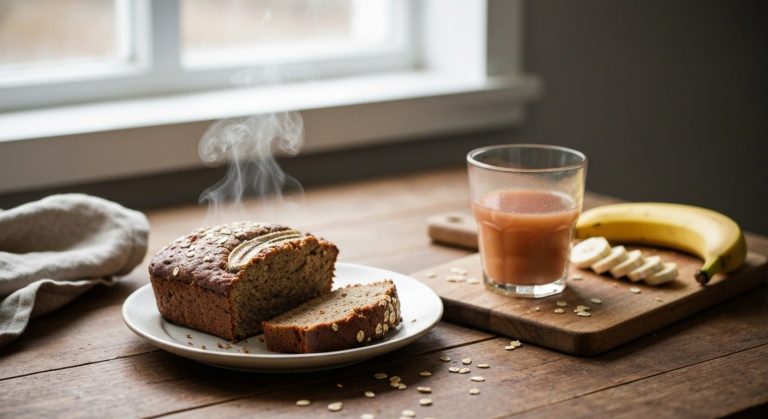 Domácí bezlepkový banánový chléb na keramickém talíři s ranním světlem