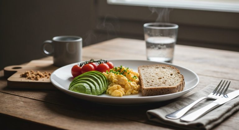 Bezlepková snídaně na bílém talíři s avokádem, vejci a pečivem na dřevěném stole