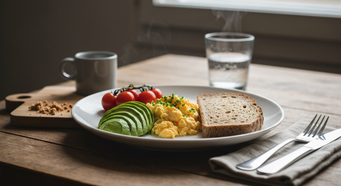 Bezlepková snídaně na bílém talíři s avokádem, vejci a pečivem na dřevěném stole