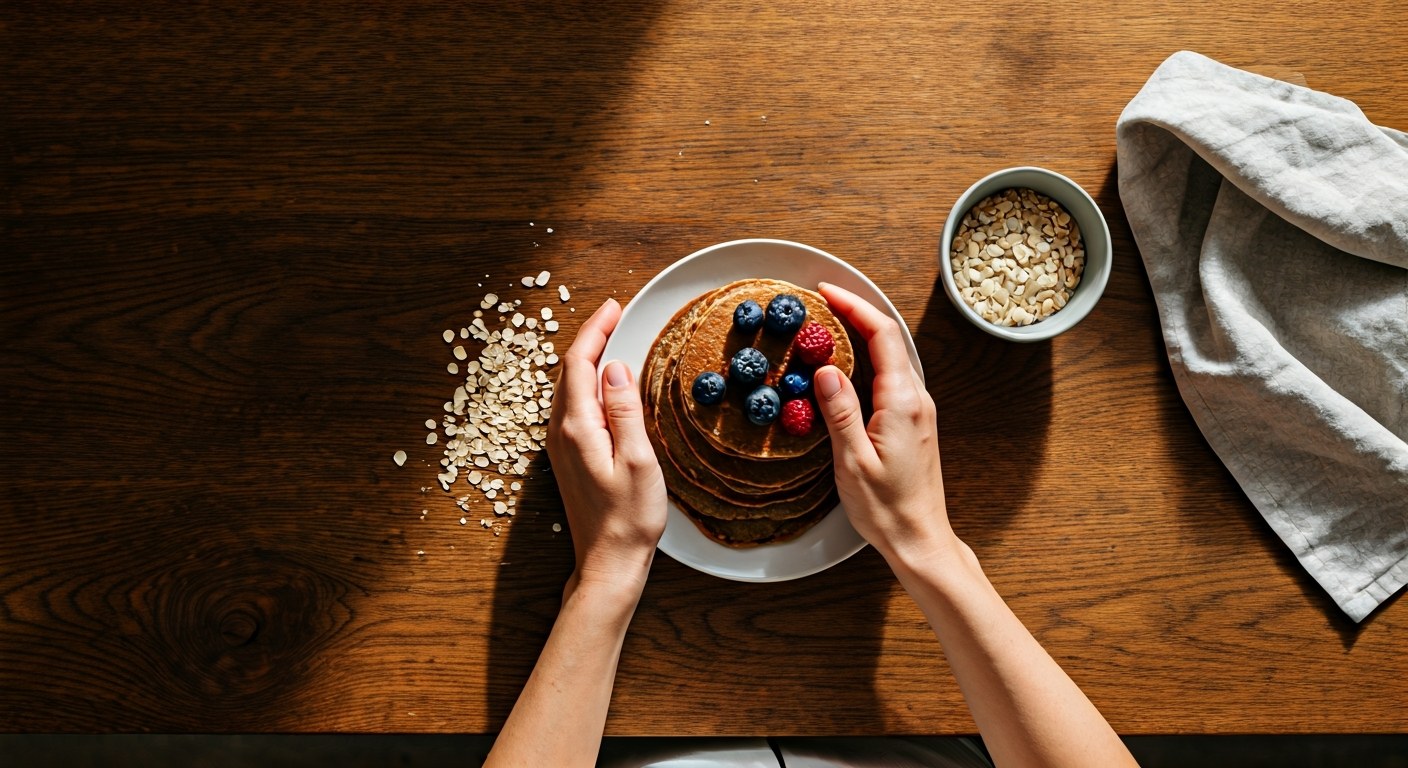 Ruce připravují bezlepkovou snídani z pohankových palačinek s čerstvými jahodami na dřevěném stole