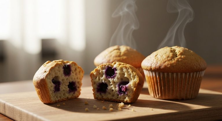 Tři zlatohnědé bezlepkové borůvkové muffiny na dřevěném prkénku, jeden rozkrojený