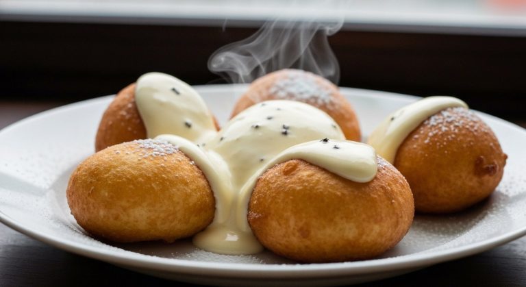 Zlatavé bezlepkové buchtičky přelité vanilkovým krémem na bílém talíři