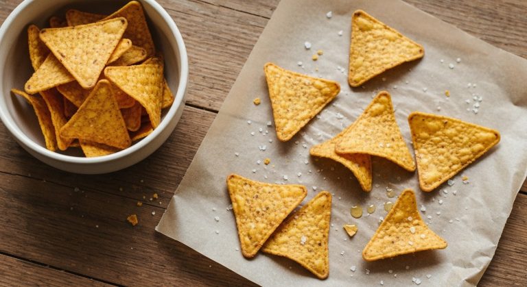 Bezlepkové kukuřičné chipsy v keramické misce na dřevěném stole s přirozeným denním světlem