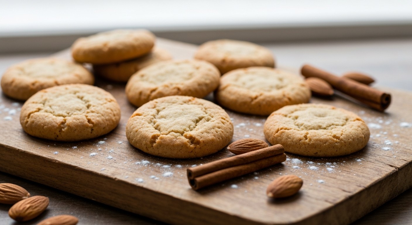 Zlatohnědé bezlepkové vánoční cookies na dřevěném prkénku s mandlemi a skořicí