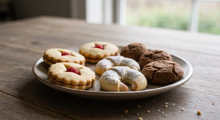 Různé druhy bezlepkového vánočního cukroví na keramickém talíři na dřevěném stole