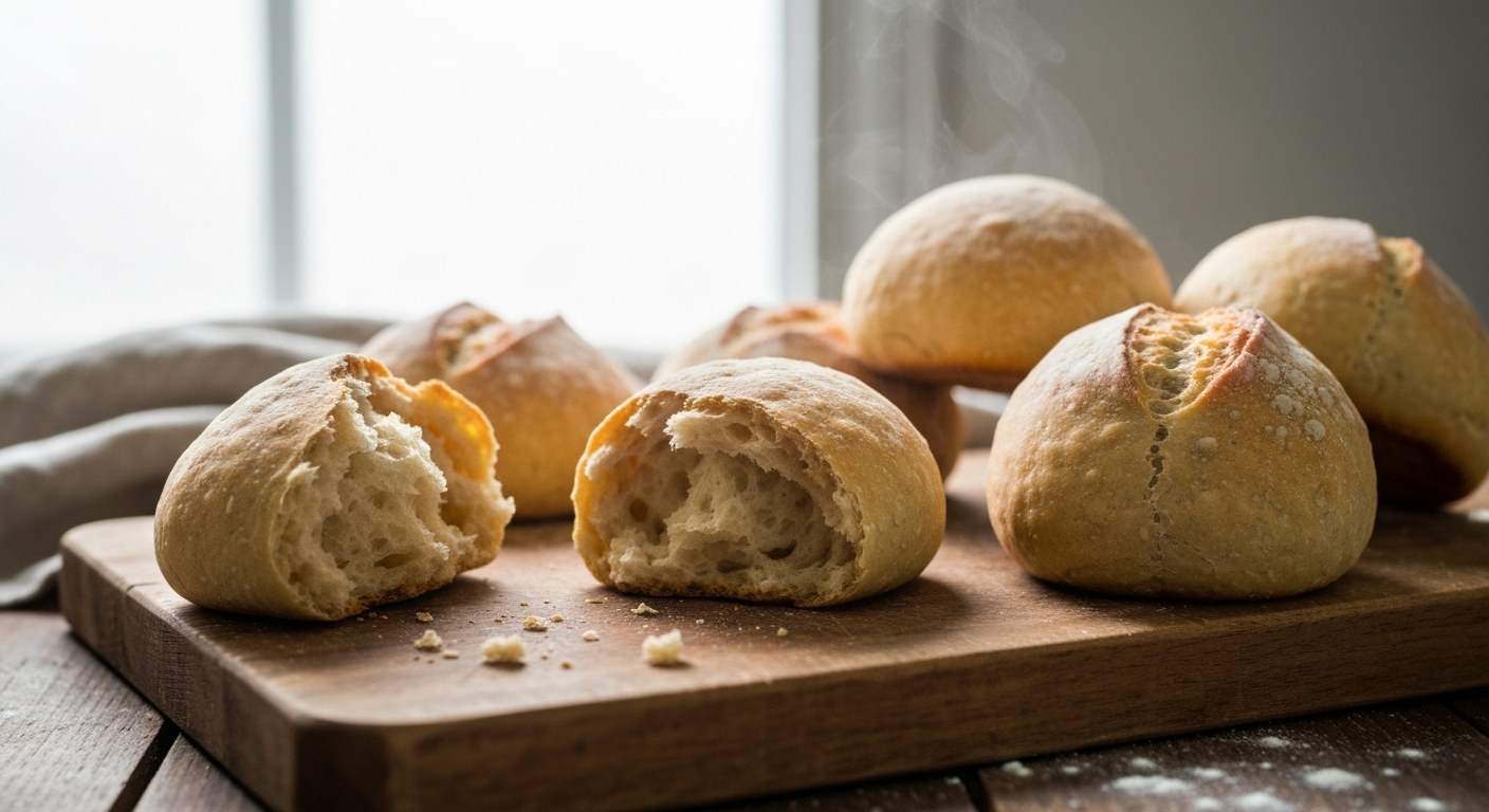 Čerstvé bezlepkové housky na dřevěném prkénku, jedna rozkrojená s viditelnou nadýchanou střídkou