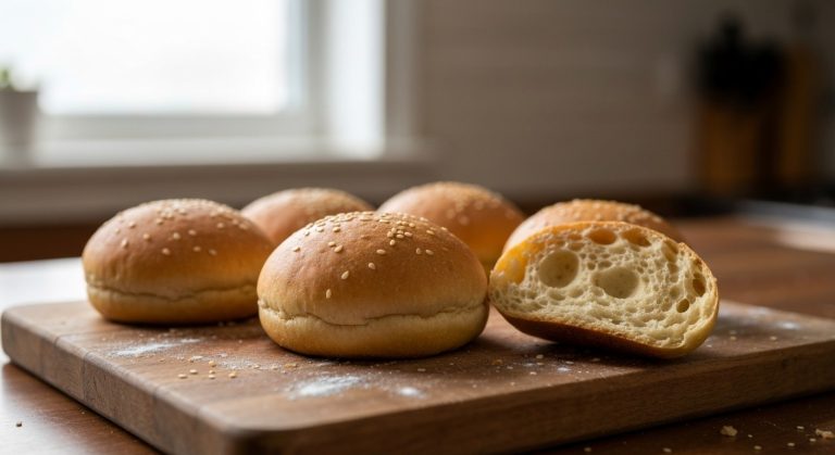 Čtyři zlatohnědé bezlepkové hamburgerové housky na dřevěném prkénku, jedna rozkrojená