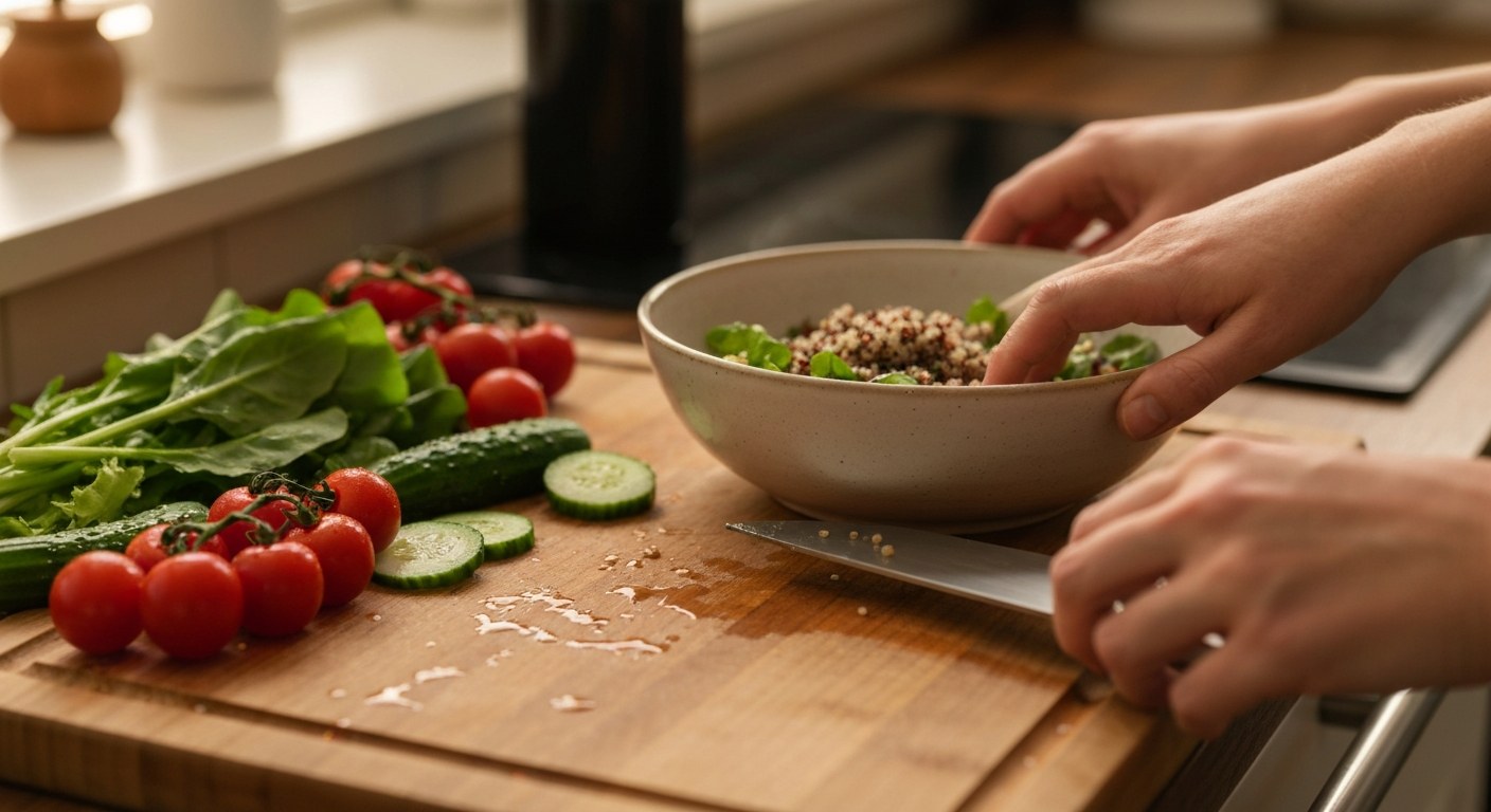 Příprava bezlepkového jídla s čerstvou zeleninou