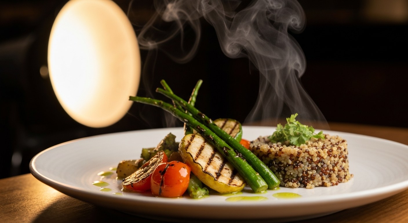 Bezlepkový oběd na talíři - pečená zelenina a quinoa v restauraci