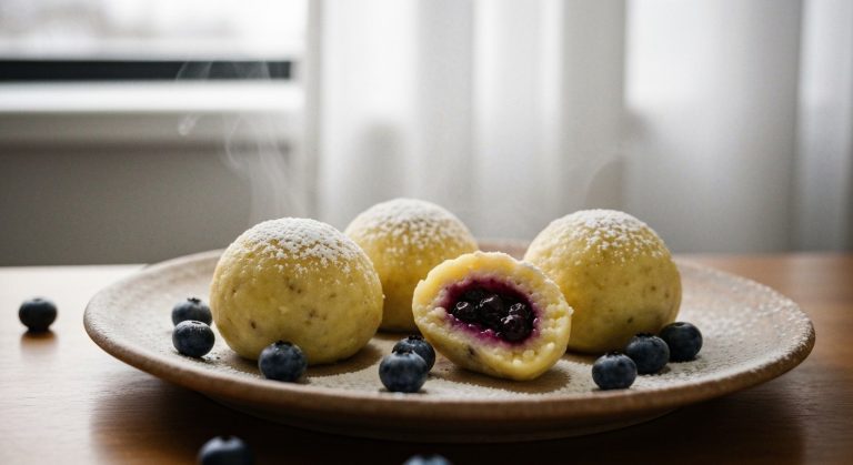 Tři bezlepkové bramborové knedlíky s borůvkami na keramickém talíři, jeden rozkrojený