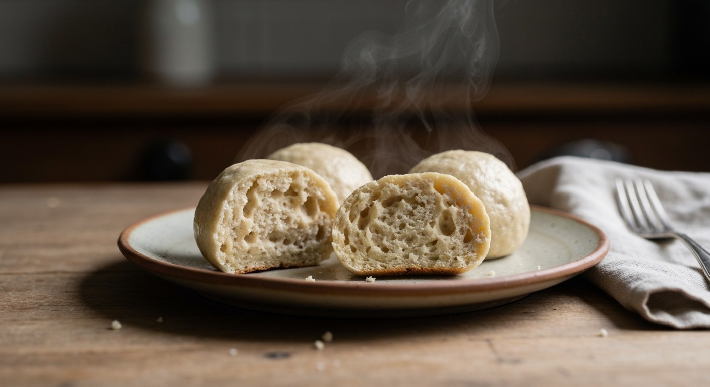 Bezlepkové kynuté knedlíky recept: Nadýchané jako od babičky 1 Tři nadýchané bezlepkové knedlíky nakrájené na talíři s viditelnou pórovitou strukturou