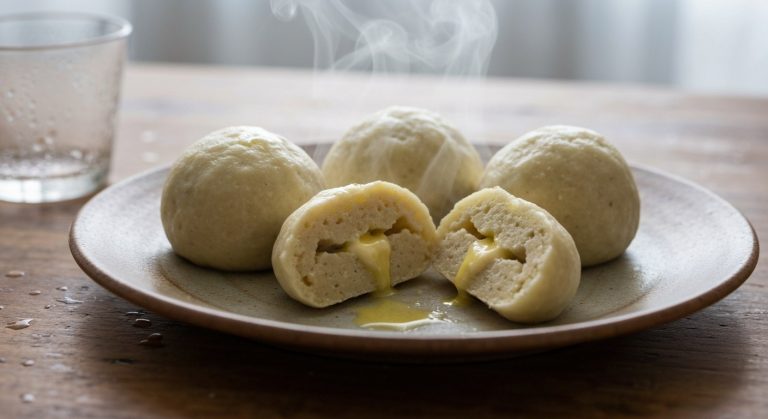 Tři rozkrojené bezlepkové knedlíky s máslem na keramickém talíři