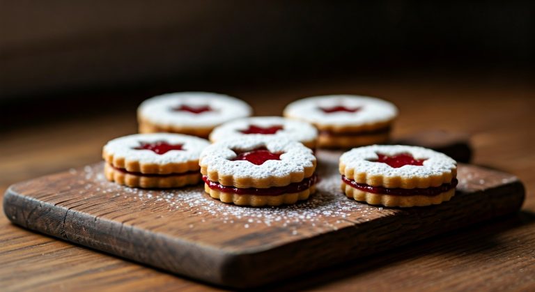 Bezlepková linecká kolečka s malinovým džemem na dřevěném prkénku