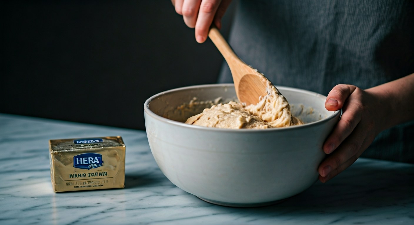 Ruce míchající bezlepkové těsto s Hera margarínem v keramické míse