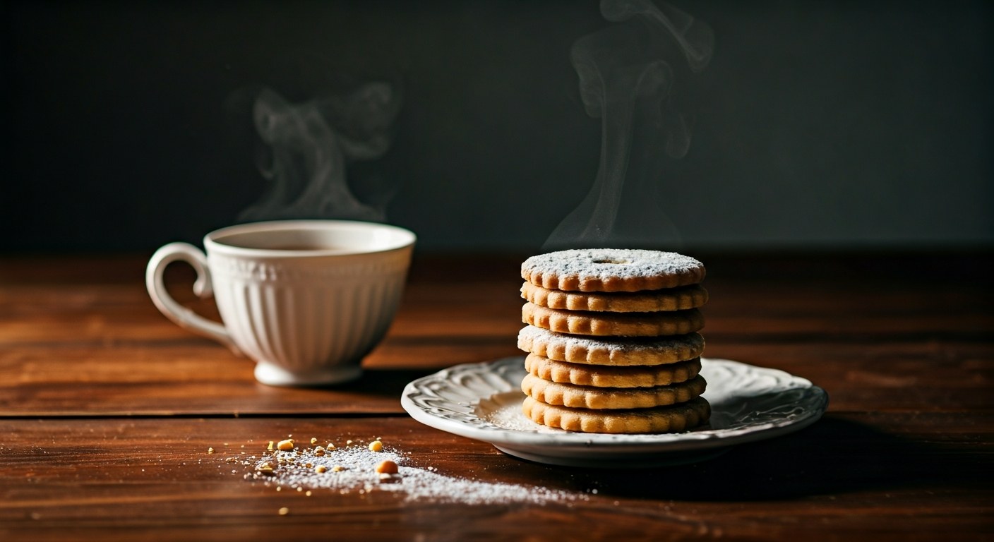 Vánoční linecké cukroví na bílém talíři s šálkem čaje