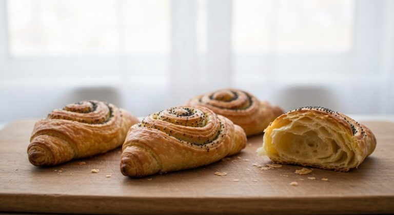 Tři zlatohnědé bezlepkové loupáky na dřevěném prkénku s viditelnou vrstvenou texturou