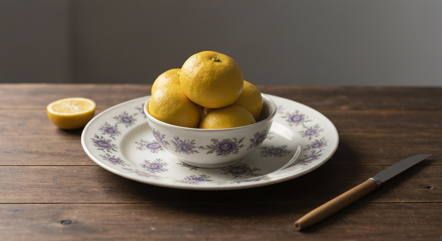 Řez bezlepkového citronového koláče s borůvkami na porcelánovém talíři