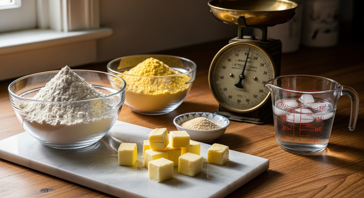 Bezlepkové mouky, máslo a psyllium na dřevěném kuchyňském stole připravené na pečení