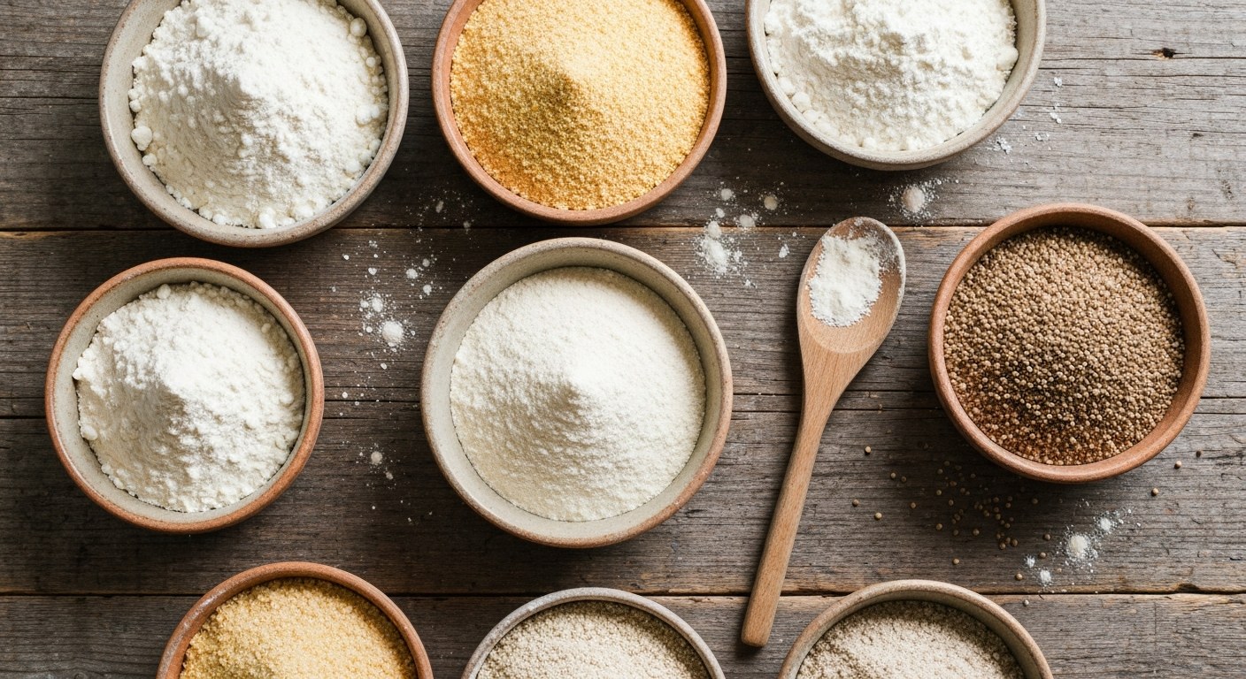 Různé druhy bezlepkových mouk v keramických miskách na dřevěném stole — rýžová, kukuřičná a quinová mouka