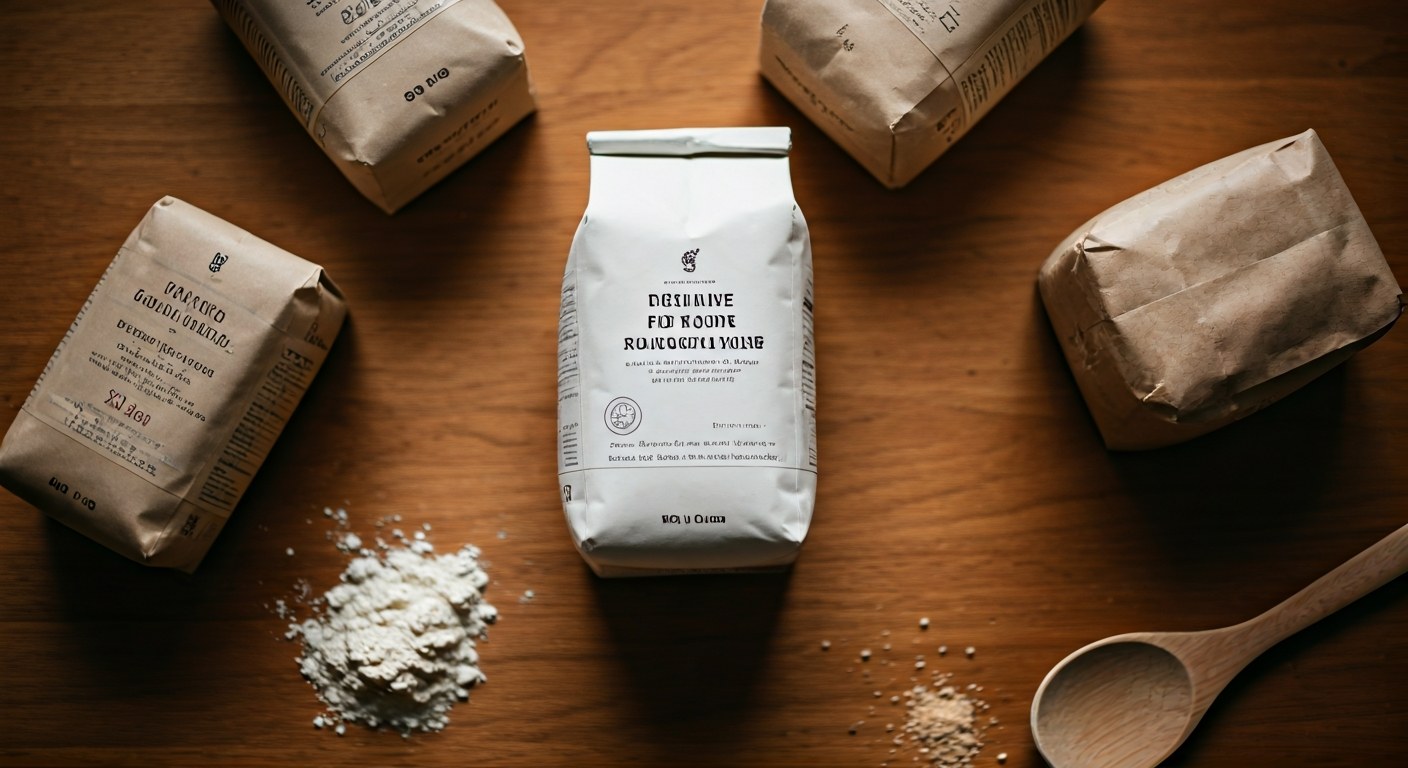 Různé druhy bezlepkových mouk na dřevěném pultu