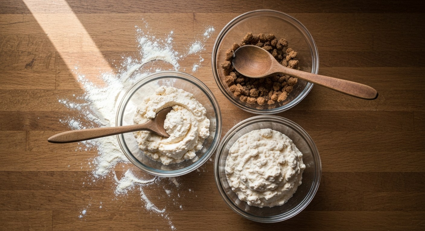 Tři skleněné mísy s bezlepkovými moukami na dubové kuchyňské lince s dřevěnou lžící