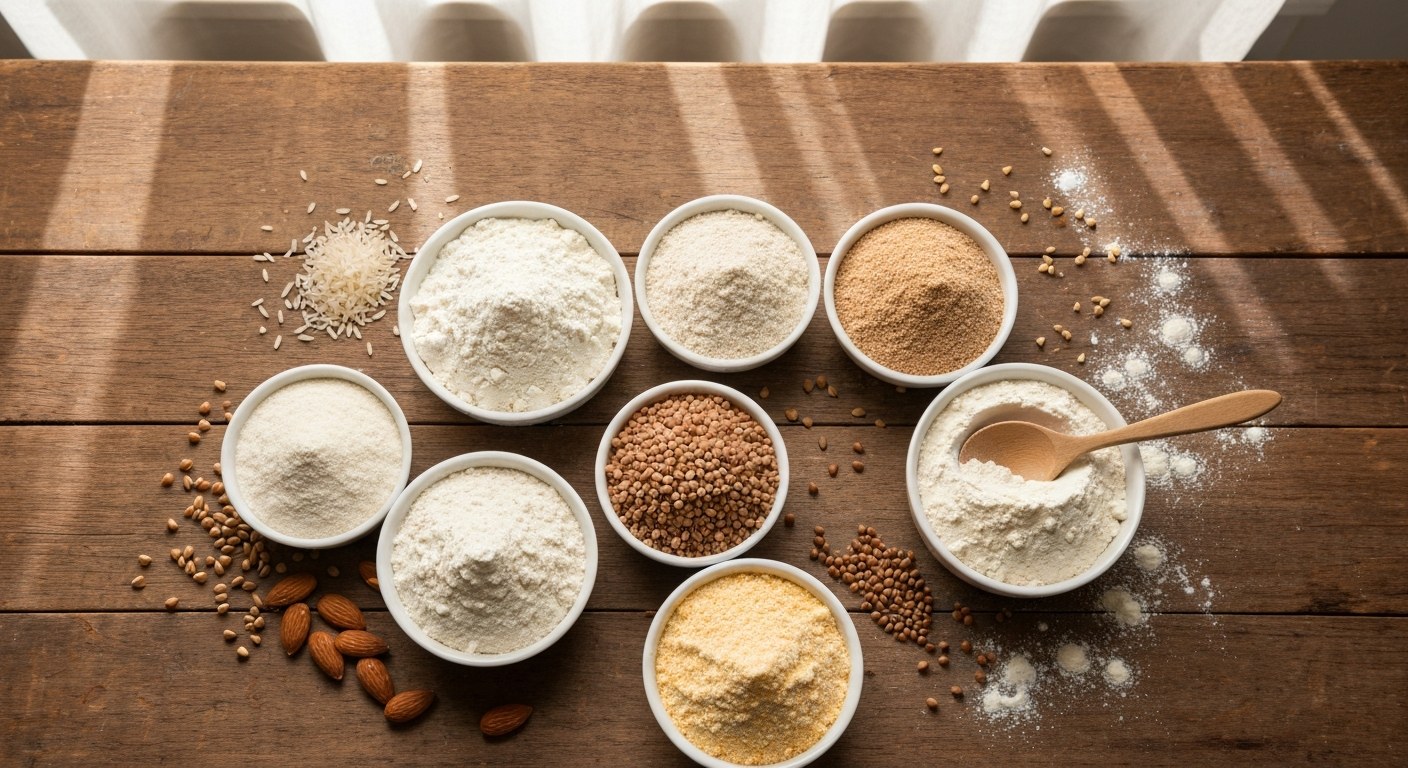 Různé druhy bezlepkových mouk v bílých miskách na dřevěném stole s rozsypanými zrny