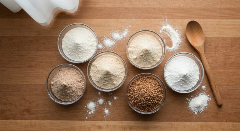 Pět skleněných misek s různými bezlepkovými moukami na dřevěném kuchyňském stole