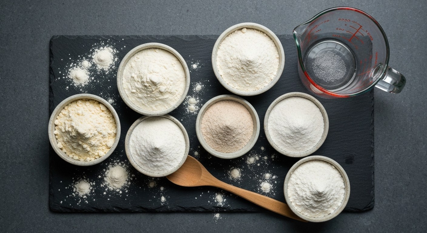 Různé druhy bezlepkových mouk v keramických miskách na břidlicové desce
